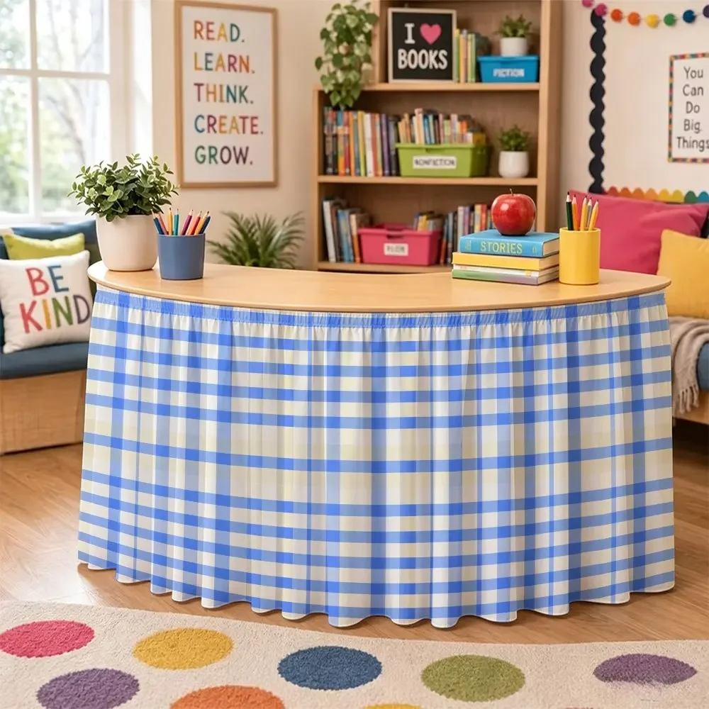 1 piece of blue and white checkered tablecloth. Elasticated gift for festive occasions, suitable for classroom parties.