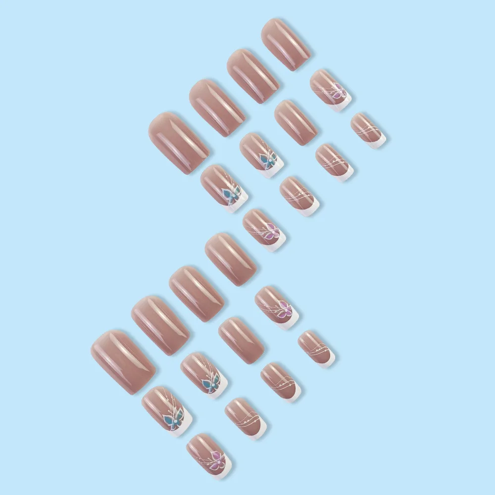Full Cover Artificial Fake Nails French White Pink Fake Nail Short Square Butterfly False Nails Acrylic Reusable Nail 24Pcs/Set image 5