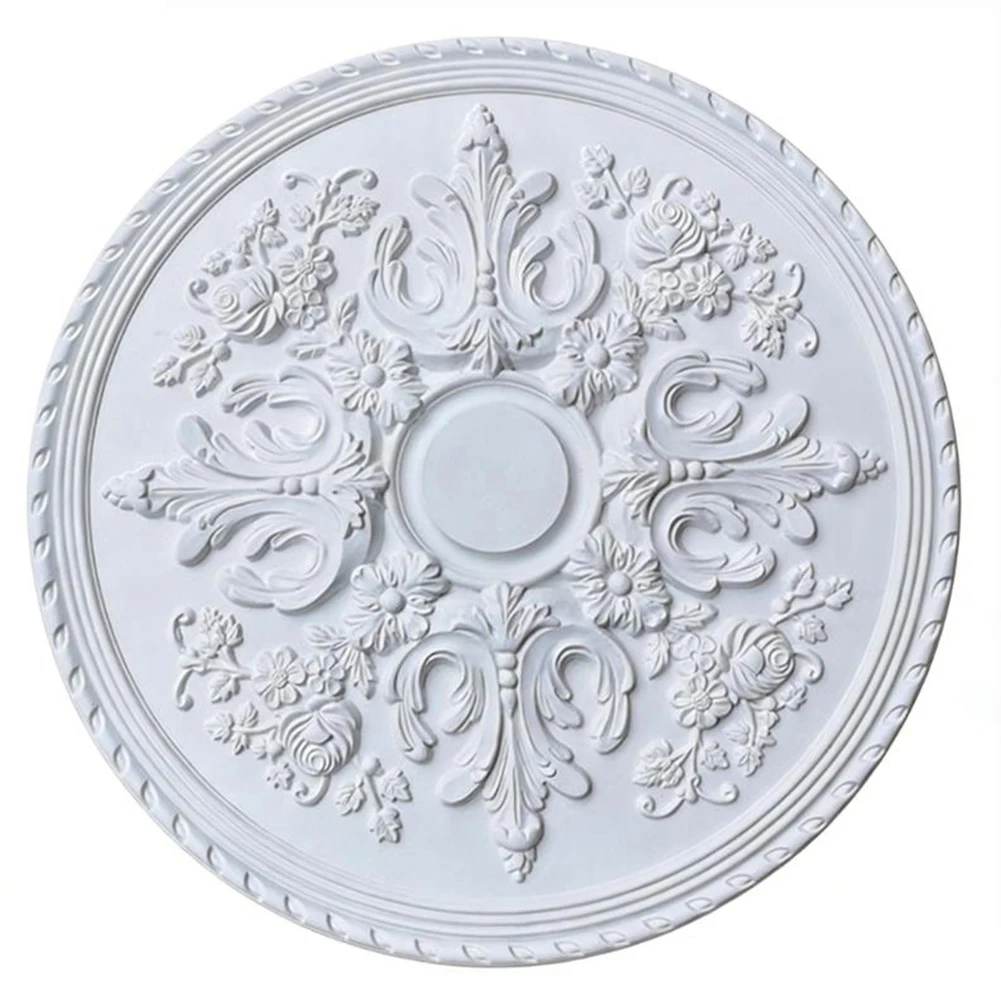 Round White PU Ceiling Medallion 60CM for Chandelier Fixture Lamp Plate with Intricate Floral Carving 23.62 in X 23.62 in
