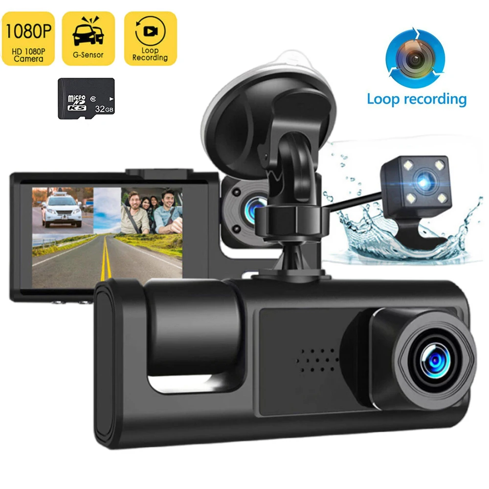 1080P Car Dash Cam with 32G Memory Card, 3 Channel Dash Camera IR Night Vision, Loop Recording Car DVR Camera 3 Lens