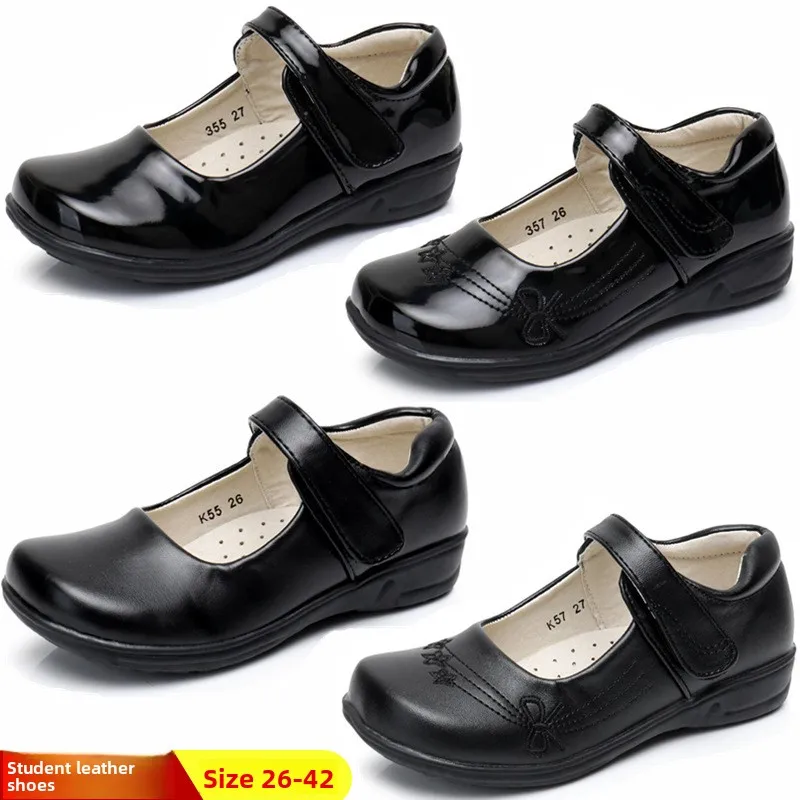 

Childrens Spring Autumn Pure Black Leather Shoes Girl Bow Performance School Etiquette Leather Shoes Elegant Non-slip Kids Shoes