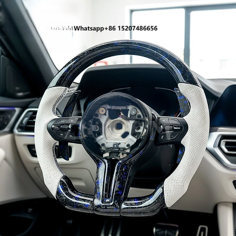 Carbon Fiber Custom Steering Wheel Sport Design Forged Carbon Trim Black and White Leather