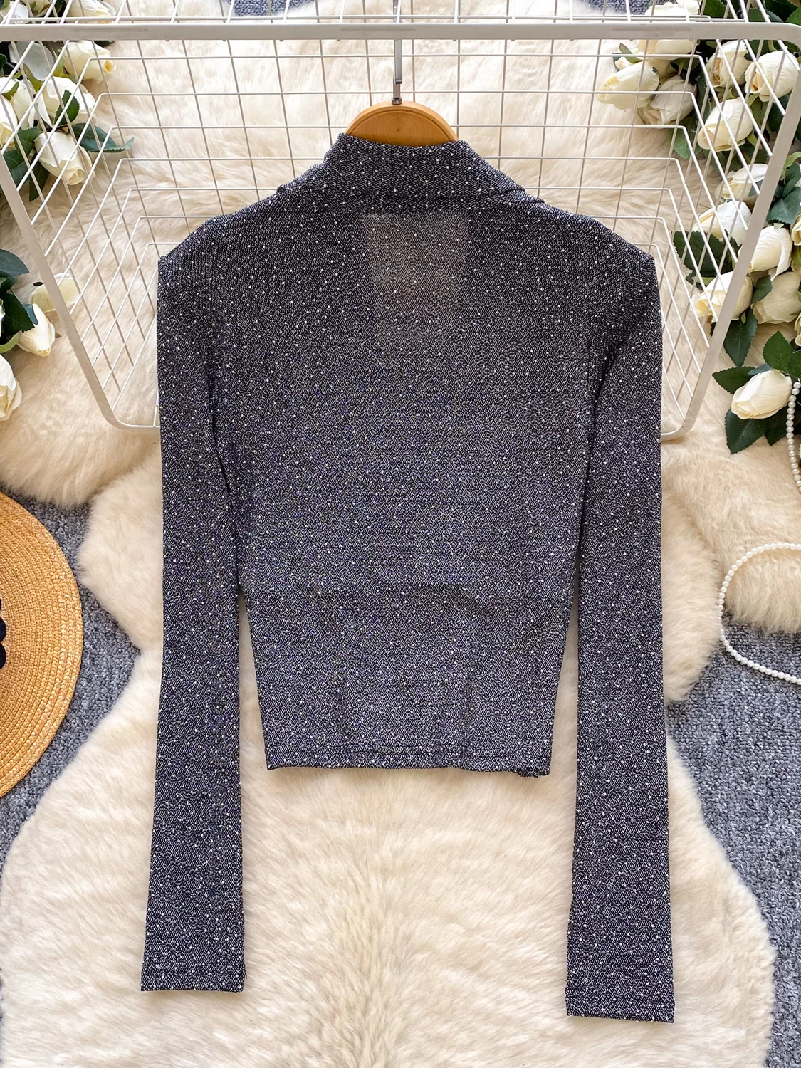 بلوزة iny مطوية بالترتر طويلة Sve V-Ne قاعدة irt التألق للتنقل Sle الكورية Faion سليم صالح ملابس يومية #4