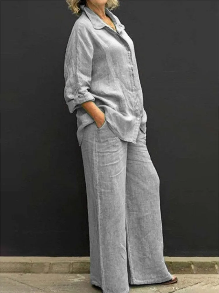 Fashion Cotton Linen Long Sleeved Shirt Women Suit Spring Autumn New Casual Pocket Solid Color Wide Leg Pants Female 2 Piece Set