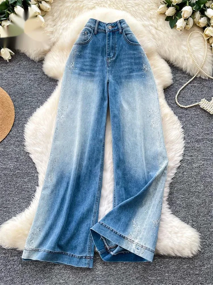 

Embroidery Baggy Jeans Spring Vintage Fashion High Waist Distressed Clean Girl Female Casual Denim Wide Leg Pant