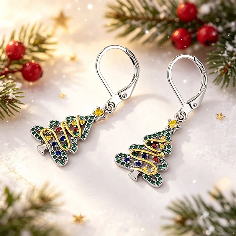 Huitan Dainty Christmas Tree Drop Earrings for Women Noble Luxury Two-tone Ear Accessories Attractive Fashion Jewelry for Party