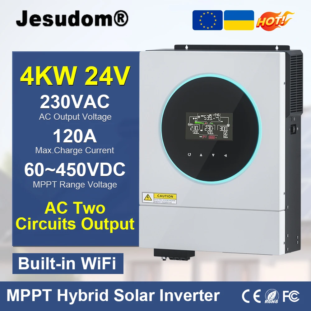 4KW Off Grid Hybrid Solar  24VDC to 230VAC Built-in Wi-Fi with 120A MPPT Solar Charge Controller Solar Hybrid Inverter