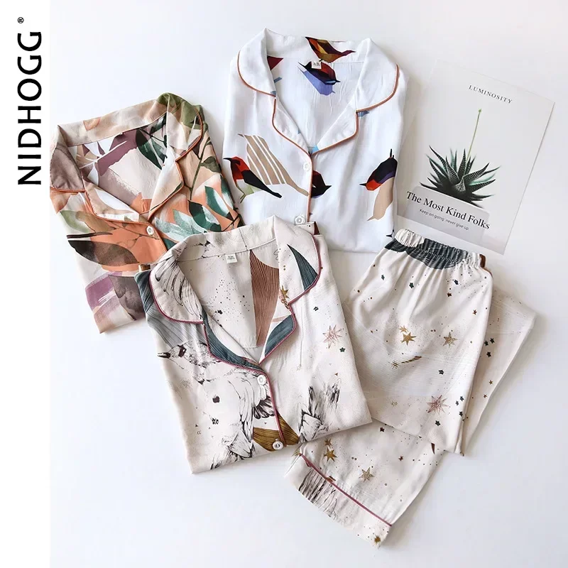 Nuovo 100% viscosa pantaloni a maniche lunghe pigiama vestito Plus Size lungo pigiameria casa delle donne pigiameria cotone seta due pezzi Set