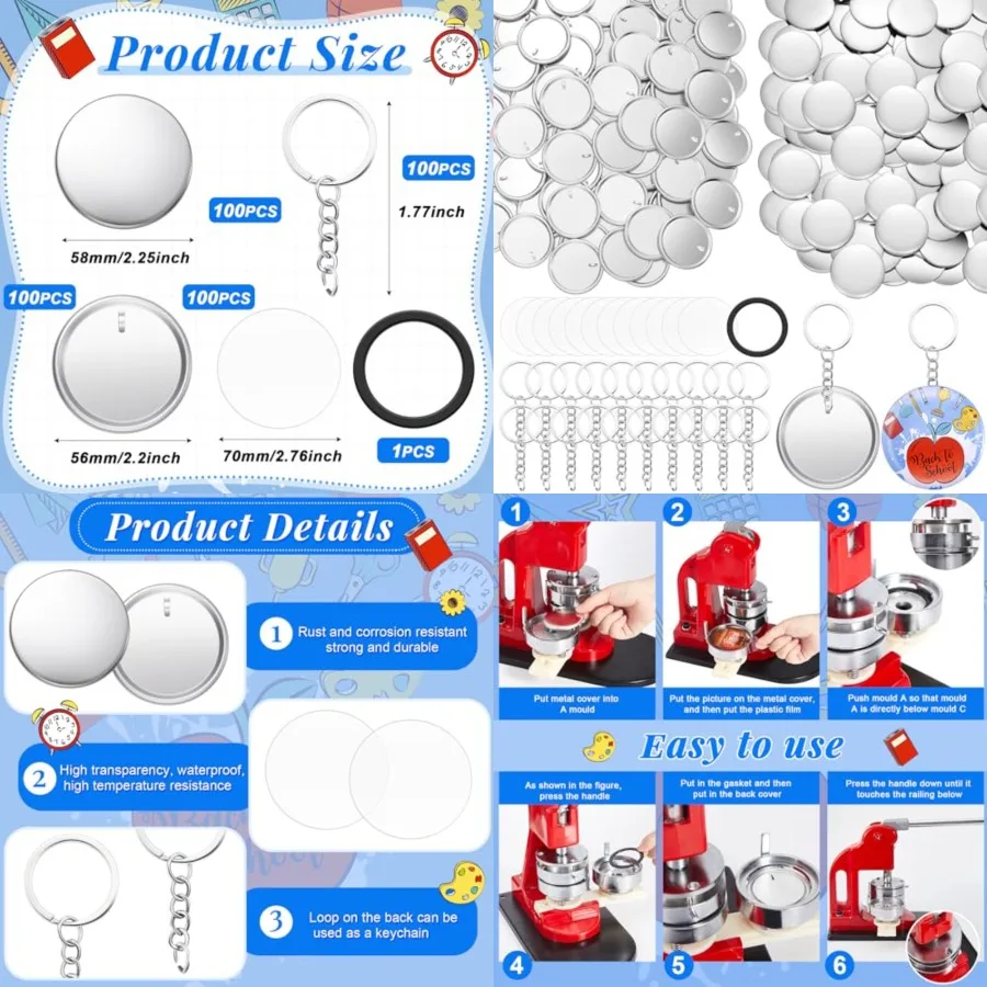 

100 комплектов для изготовления значков-брелоков 58 мм/2,25 дюйма: металлические значки, металлические корпуса, пластиковая пленка, задние заглушки