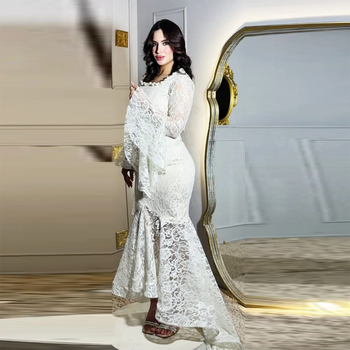 

Белое кружевное платье русалки для выпускного вечера с длинными рукавами и квадратным вырезом, вечерние платья с высоким и низким вырезом, женское свадебное платье 2026