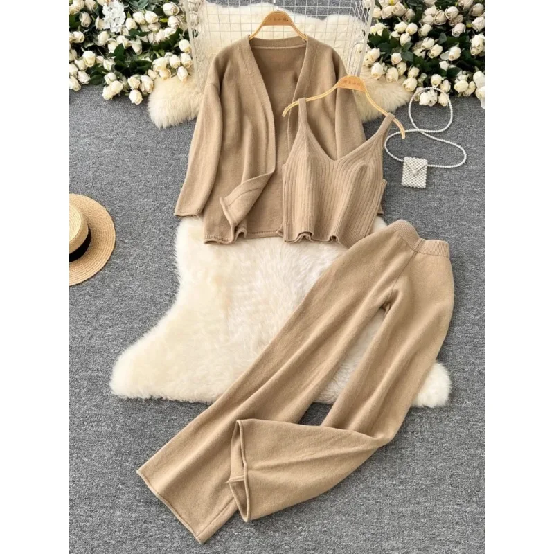 High Quality Solid Color Knitted Pants Suit Women\'s Autumn Winter Cardigan Camisole High Waist Wide-leg Pants Women Two-piece