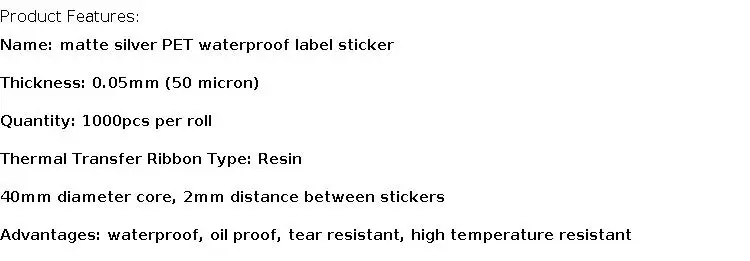 Waterproof Label 60*40*1000 Single Row Matte Silver PET Self-adhesive Stickerr for Thermal Transfer Printer