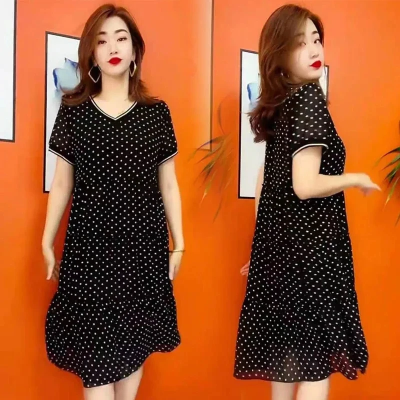 2024 New Summer Speckled Chiffon Dress For Womens Clothing Summer Casual V-neck Dot Dress Large Size Slim mother's Dresses AC218