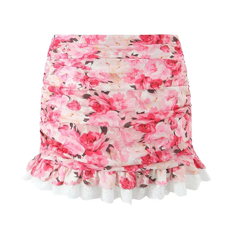 YENKYE Sexy Hem Slit Draped Floral Print Ruffled Skirt For Women Beach Party Holiday Summer Mini Skirts
