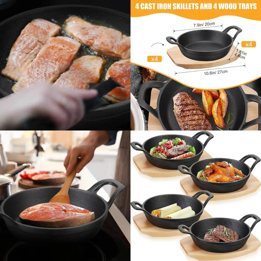 

7.9 Inch Mini Cast Iron Skillet Set with Wooden Base for Baking, Cooking, and Fajitas