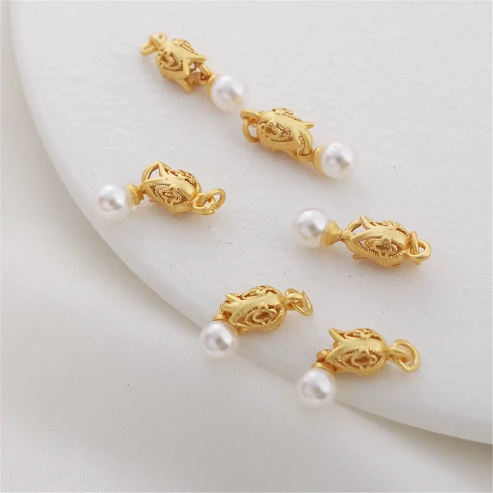 Ancient Gold Small Flower Bud Hanging Pearl Shell Beads Bracelet Necklace, DIY Handmade Jewelry Earrings