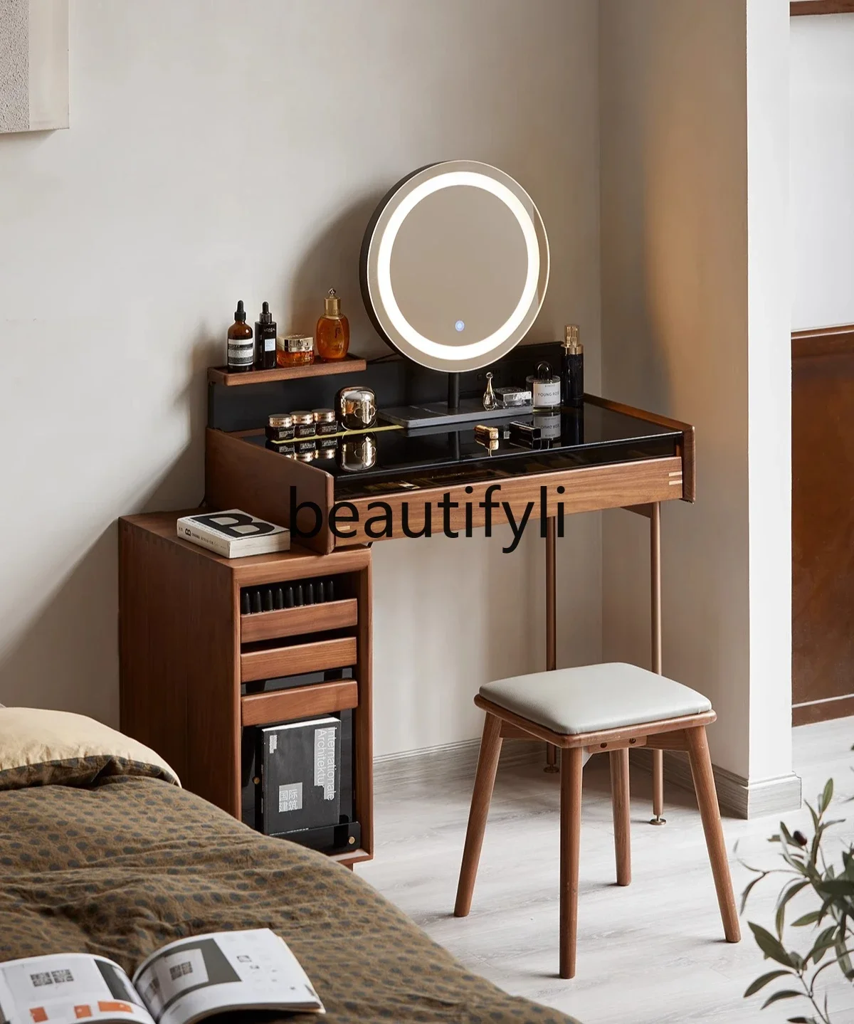 

Solid wood dresser storage cabinet integrated bedroom bedside small apartment black walnut small cosmetic table07