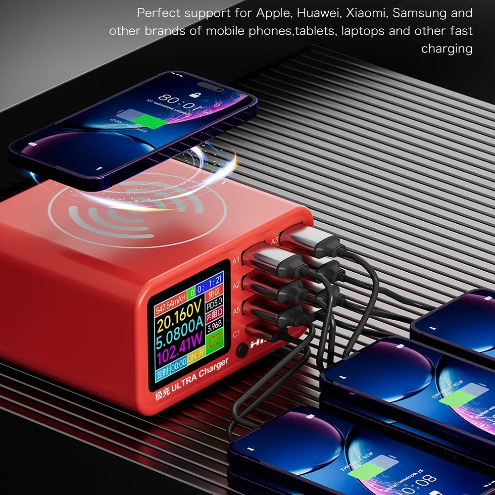 MaAnt DianBa No. 1 PD 8-Port LCD Multi-Function Charger Mobile Phone Data Line HISEECON 220W USB Wireless Fast Flash Charging