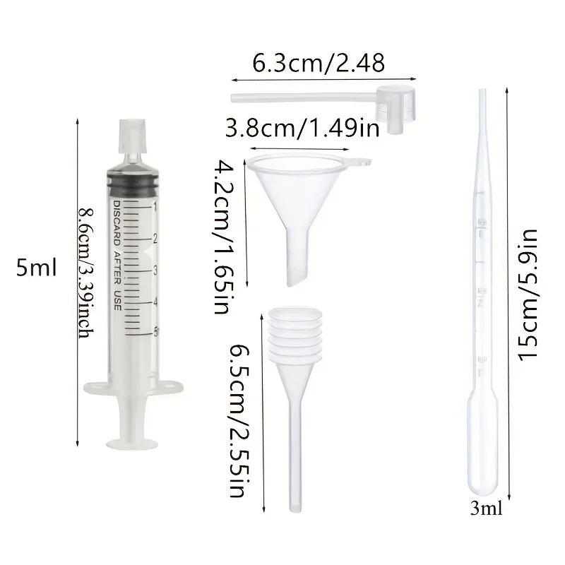 Conjunto de recarga de perfume de 5 peças: funil de plástico, pipeta, conta-gotas e seringa - para cosméticos líquidos, perfumes e óleos essenciais
