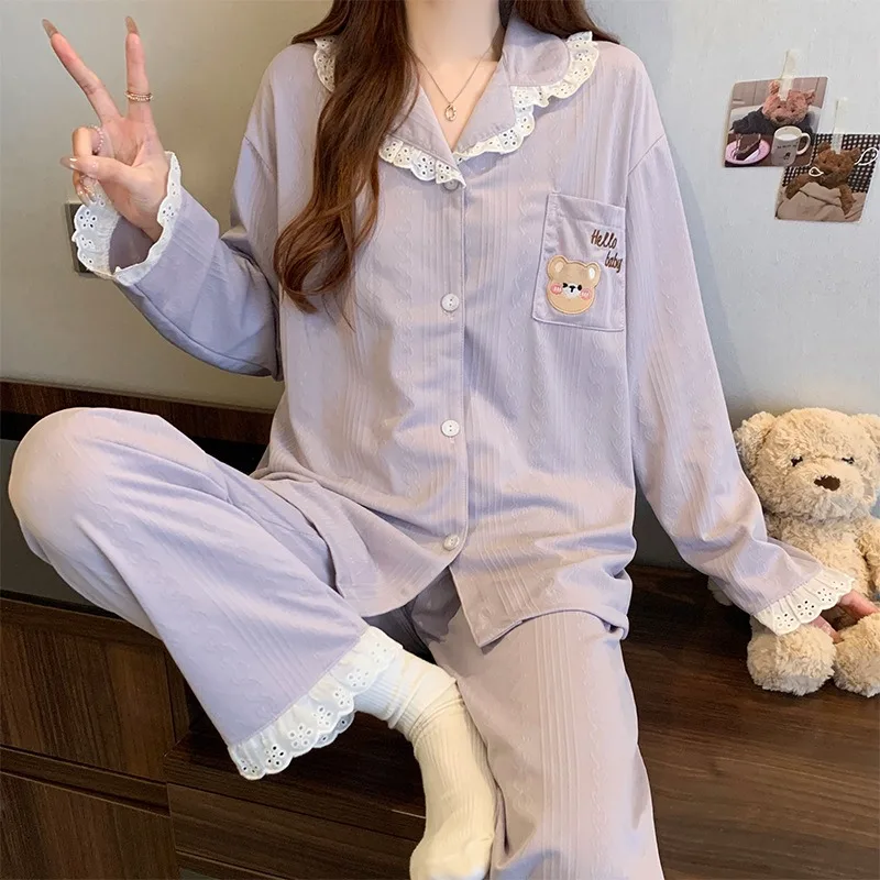 

Plus Size Long Sleeve Sweet Lace Pajamas Female Cute Bear Jacquard Loose Loungewear Solid Color Sleepwear Sexy Night Wear