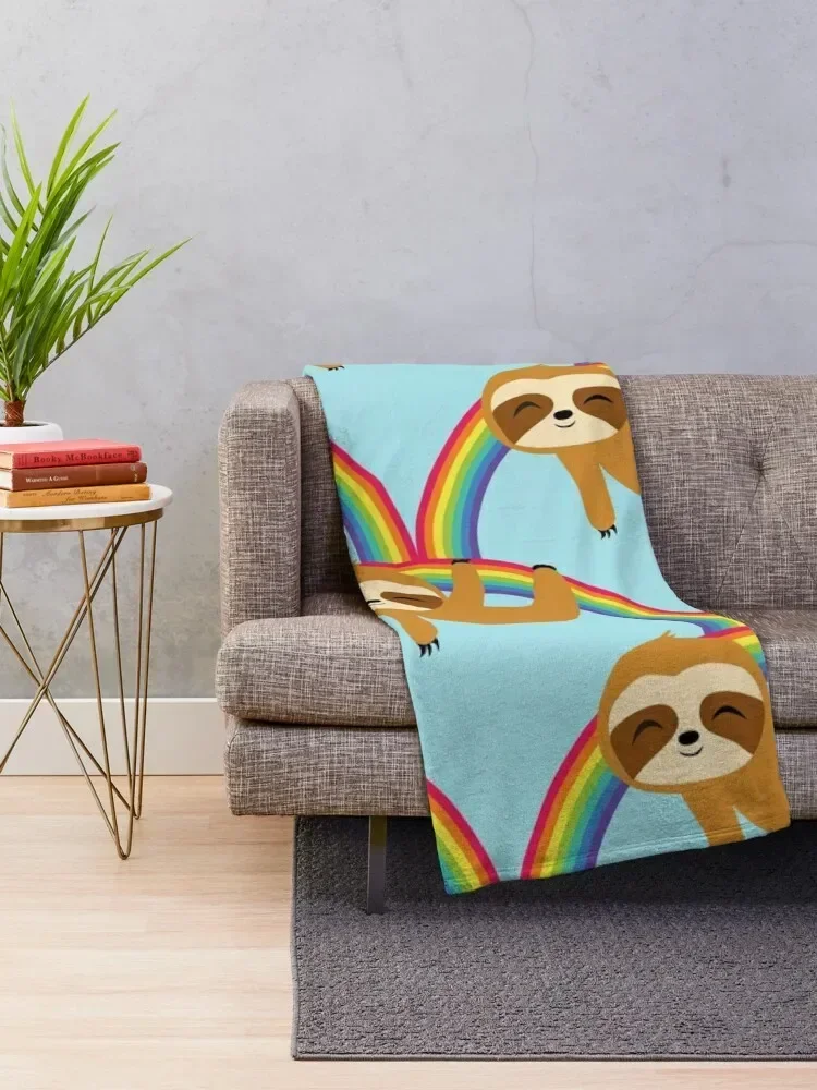 Sloth on Rainbow, Cute Sloth Hangign on Rainbow, Take it Slow Throw Blanket Extra Large Throw Luxury Blankets