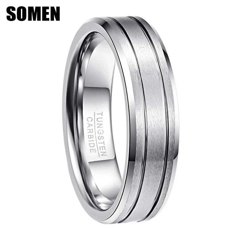 Somen 6mm Silver Color Tungsten Carbide Wedding Rings For Men Grooved Brushed Engagement Ring Men's Wedding Band Fashion Jewelry