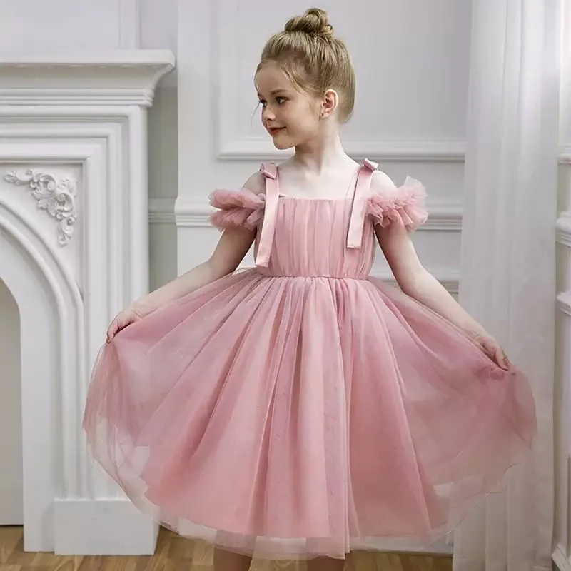 Sisters Pink Fairy Dress for Teens Girls Strapless Summer Princess Gown Flowy Ruffle Sundress Wedding Birthday Party Baby Outfit