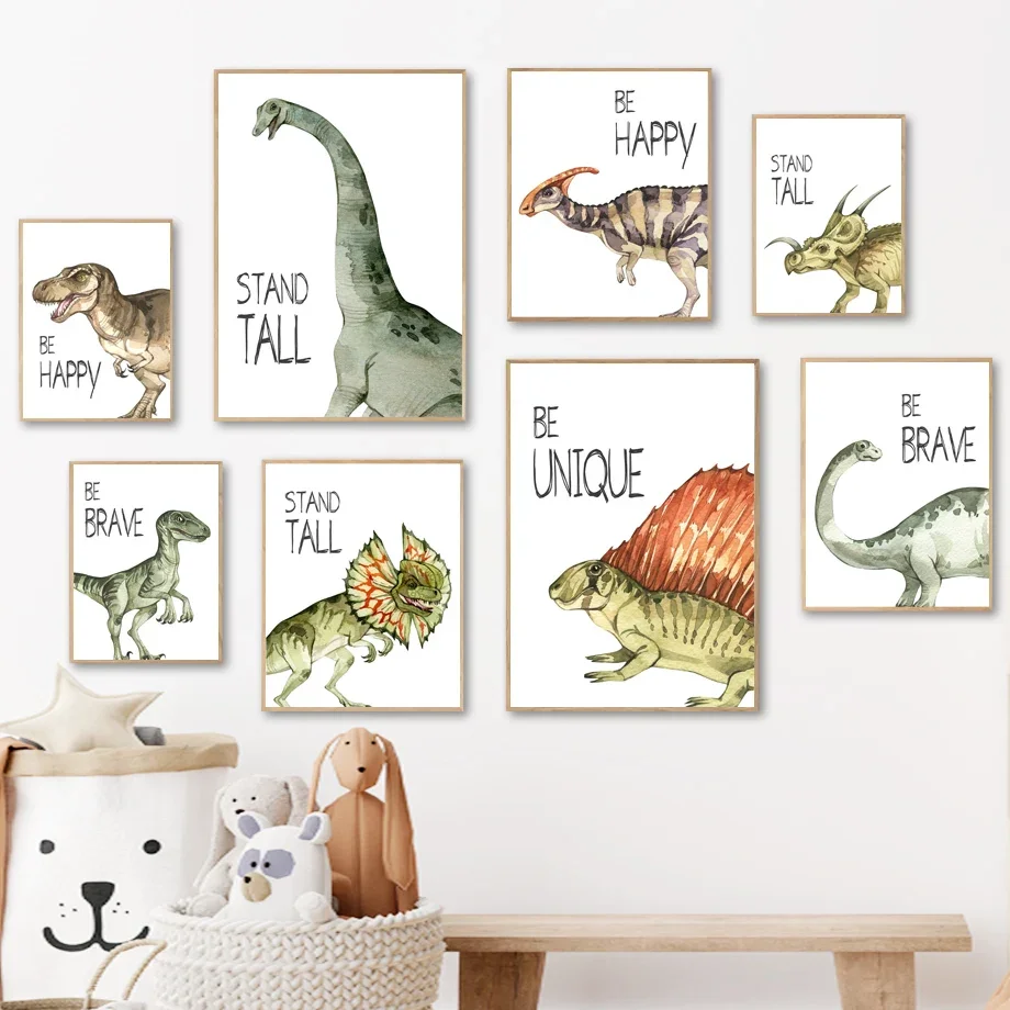 Jurassic Dinosaur Cartoon Animals Brave Quotes Wall Art Canvas Painting Nordic Posters And Prints Wall Pictures Kids Room Decor