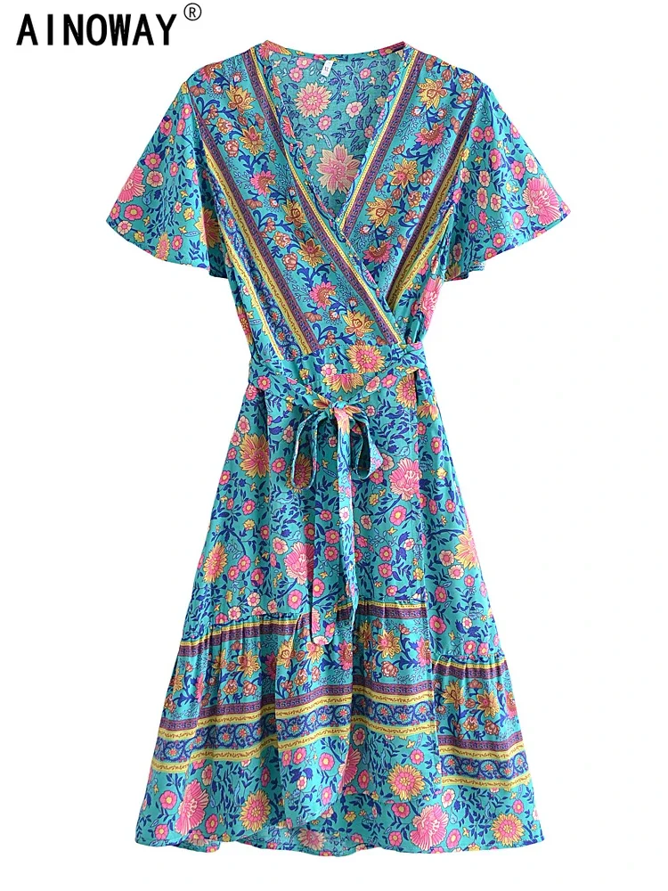 Mini vestido com estampa floral boêmio feminino, chique vintage, vestidos de praia boho, decote em v, manga curta, senhoras, verão