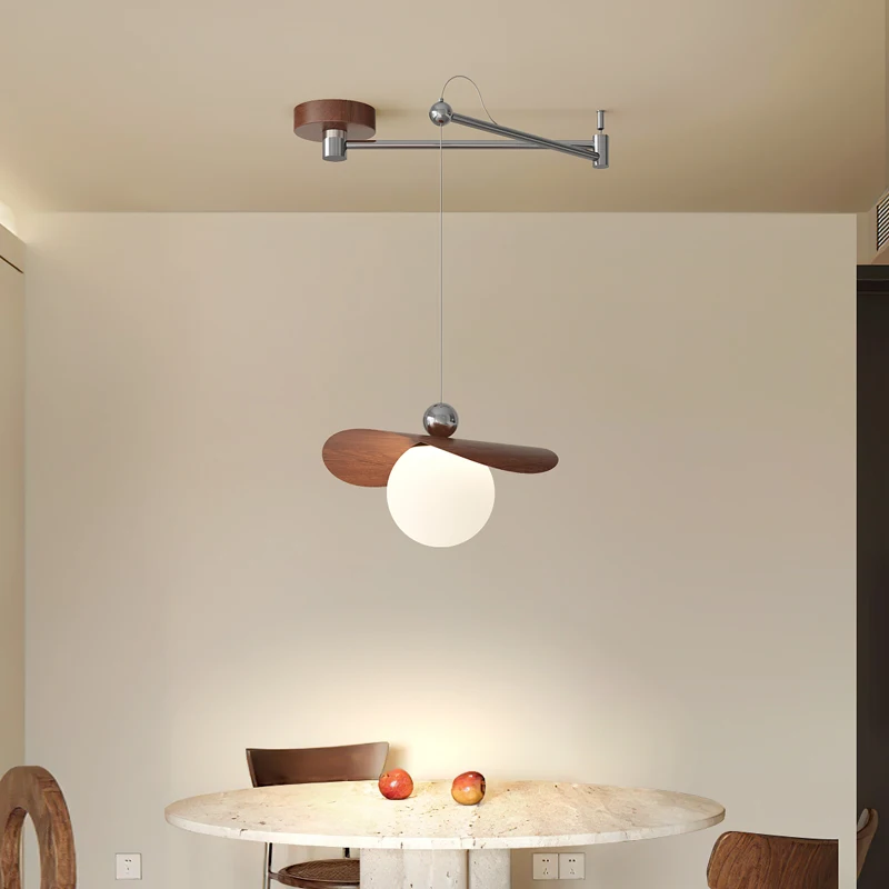 

Cream Style Dining Table Antique Wooden Pendant Light Bauhaus Creative Swing Arm Wood Grain Color Flying Saucer LED Chandelier