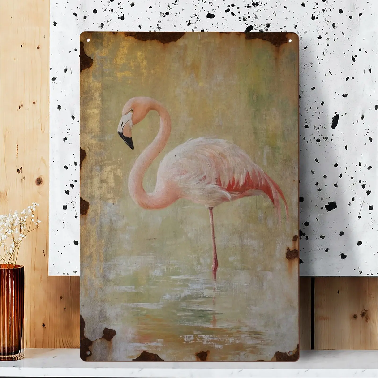 1 Stück Vintage Monet Flamingo Metallblechschild Wandkunst – 30,5 x 20,3 cm Retro Französisches Landdekor mit weichem Pastellrosa, Beige, Grün