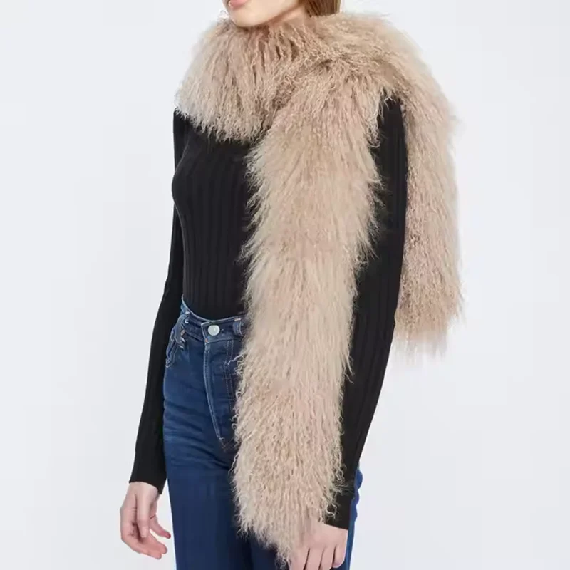 Women Winter Real Mongolian Fur Scarf Thick Female Fashion Warm Long Genuine Tibet Fur Scarves Fluffy Luxury Scarfs
