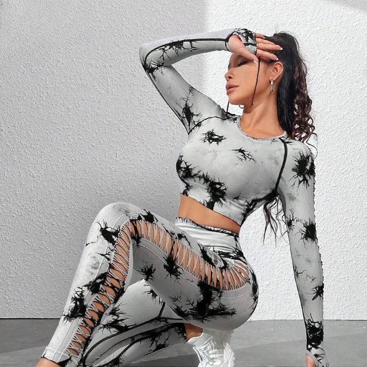 Sporty Woman Gym  Push Up Tie Dye Yoga Suits Fitness Clothes Hollow Out Training Tracksuit Sportswear 2 Piece Workout Set Women