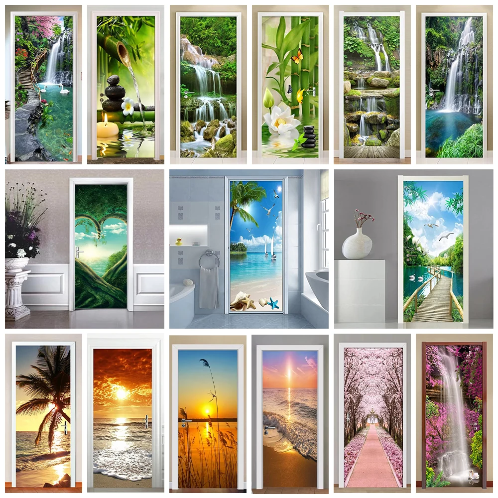 Stream Waterfall Sunset Landscape PVC Door Sticker Mountain Valley Seascape Art Mural Poster for Bedroom Living Room Door Decal