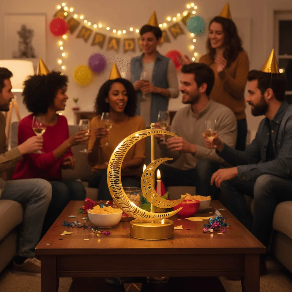 パーティー用品錬鉄製イードムバラク三日月ランプゴールド中空ラマダンナイトライト暖かい光ラマダンオーナメントリビングルーム