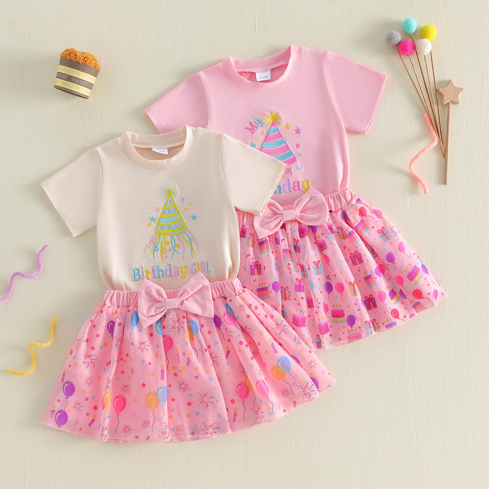1-5Y Toddler Girl Birthday Outfits Hat Letter Embroidery Short Sleeve T-Shirts Elastic Waist Skirts 2Pcs Clothes Set