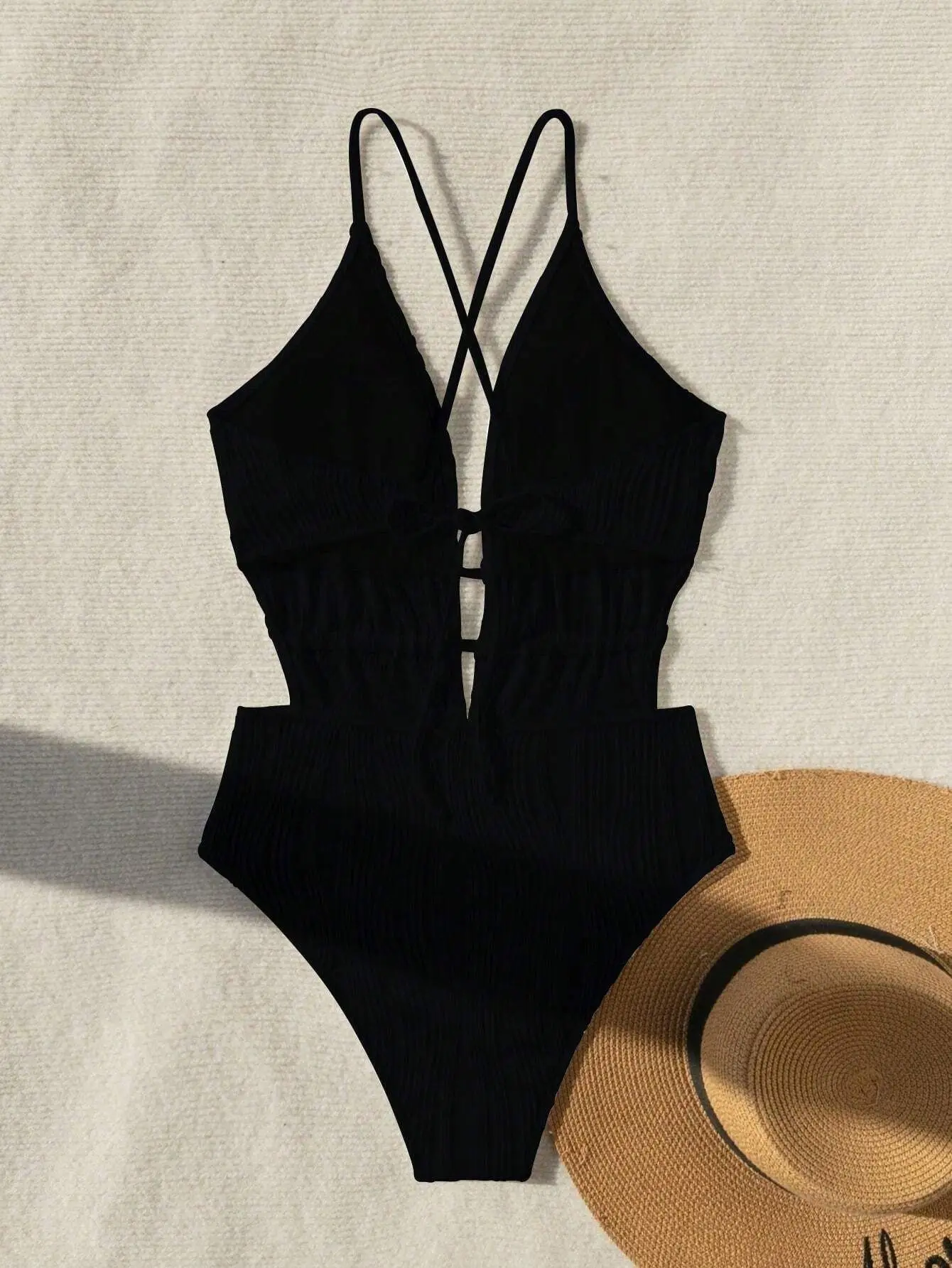 Sexy ribbed swimsuit one piece deep v-neck bikinis bodysuit back tie swimwear high waist bathing suit Beachwear biquini tankini