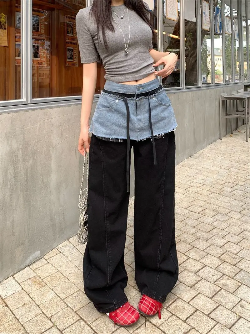 Cowboy Patchwork Fake Two Piece Curved Knife Wide Leg Pants For Women In Spring And Autumn, With A Lazy And Stylish Design view 6