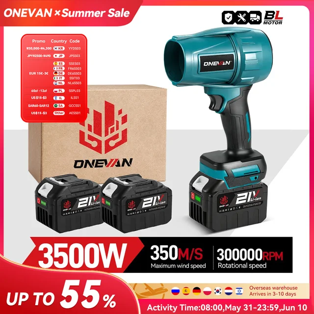 ONEVAN 3500W Bezszczotkowy Elektryczny Turbo Dmuchawa Wentylator Jet Fan Mocna Dmuchawa do Liści, Kurzu, Śniegu, Suszarka Samochodowa, Narzędzie do Akumulatora Makita 18V