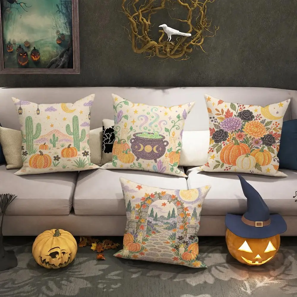 Pastel Mystic Halloween Gift Cushion Cover Halloween Rustic Throw Pillow Covers, Cute Ghost Pumpkin Maple Leaf Cushion Covers