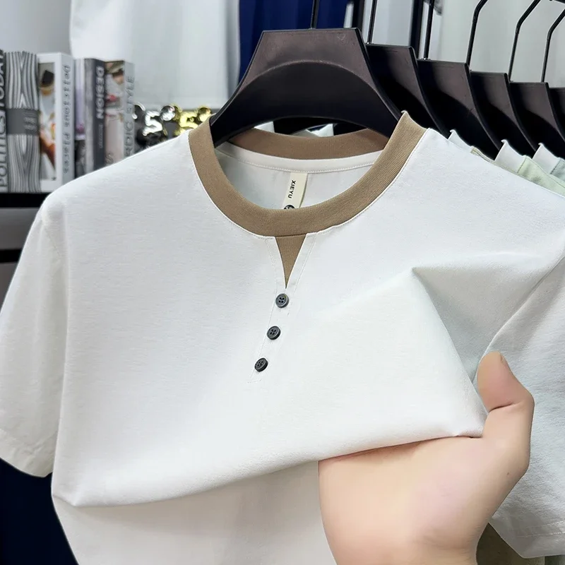 Mens Henley Neck Tee With Placket Design And Buttons Soft Tops For Daily Wear And Everyday Activities