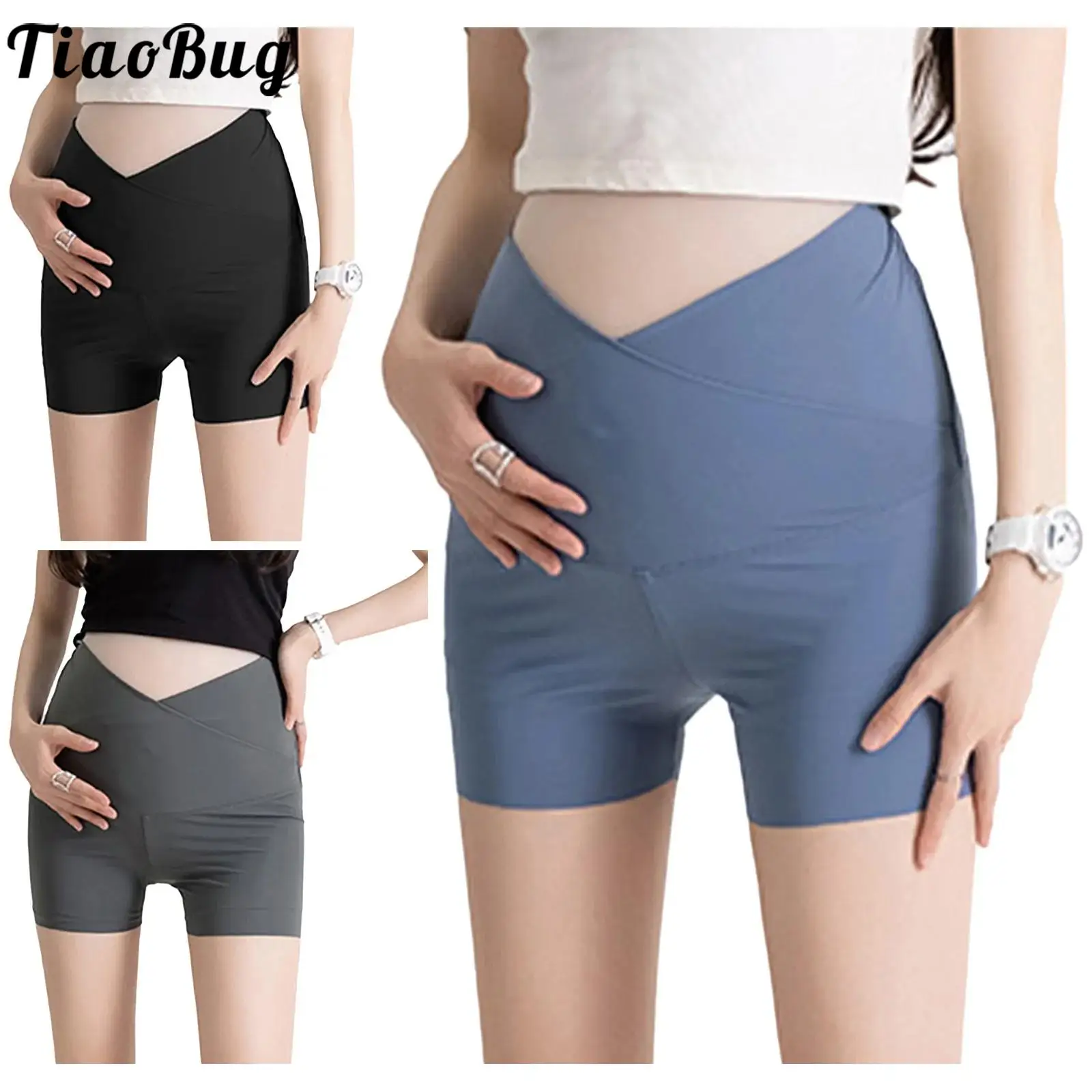 

Women's Maternity Stretchy Yoga Shorts V-Front Cross-Waist Elastic Waistband Casual Pregnancy Shorts for Sports Workout Exercise