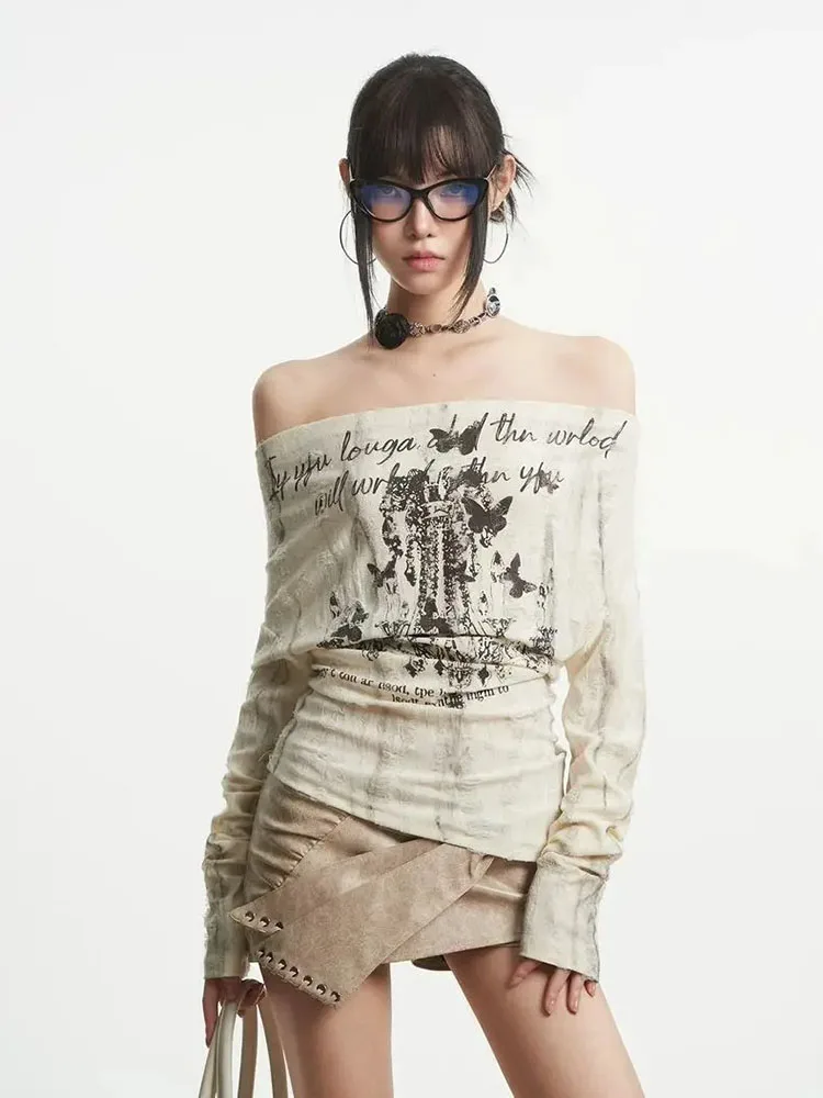 

Skinny Strap Two Top Punk Design Hole Tee Apricot One Shoulder Long Sleeve T-shirts Grunge Clothes Camisetas Graphic T Shirts