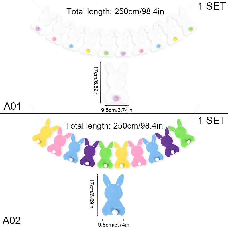 2.5M Happy Easter Rabbit Banner Eggs Colorful Cartoon Bunny Garland Wall Hanging Bunting Flags Easter Party Decorations For Home