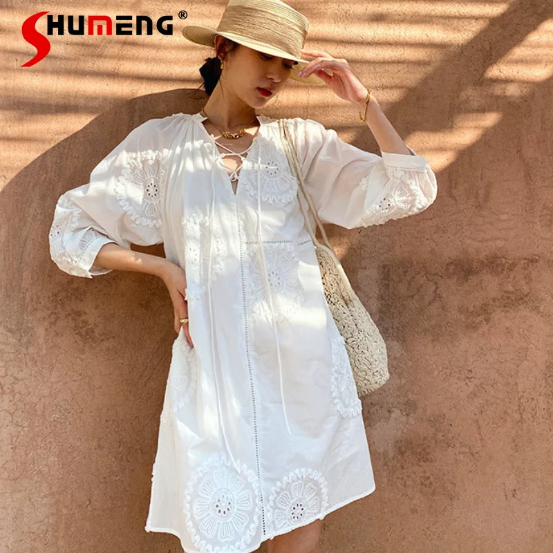 Girly White Casual A- Line Dress Women Heavy Embroidery French Vacation Dresses Female Loose Slim Elegant Short Dress 2024 New