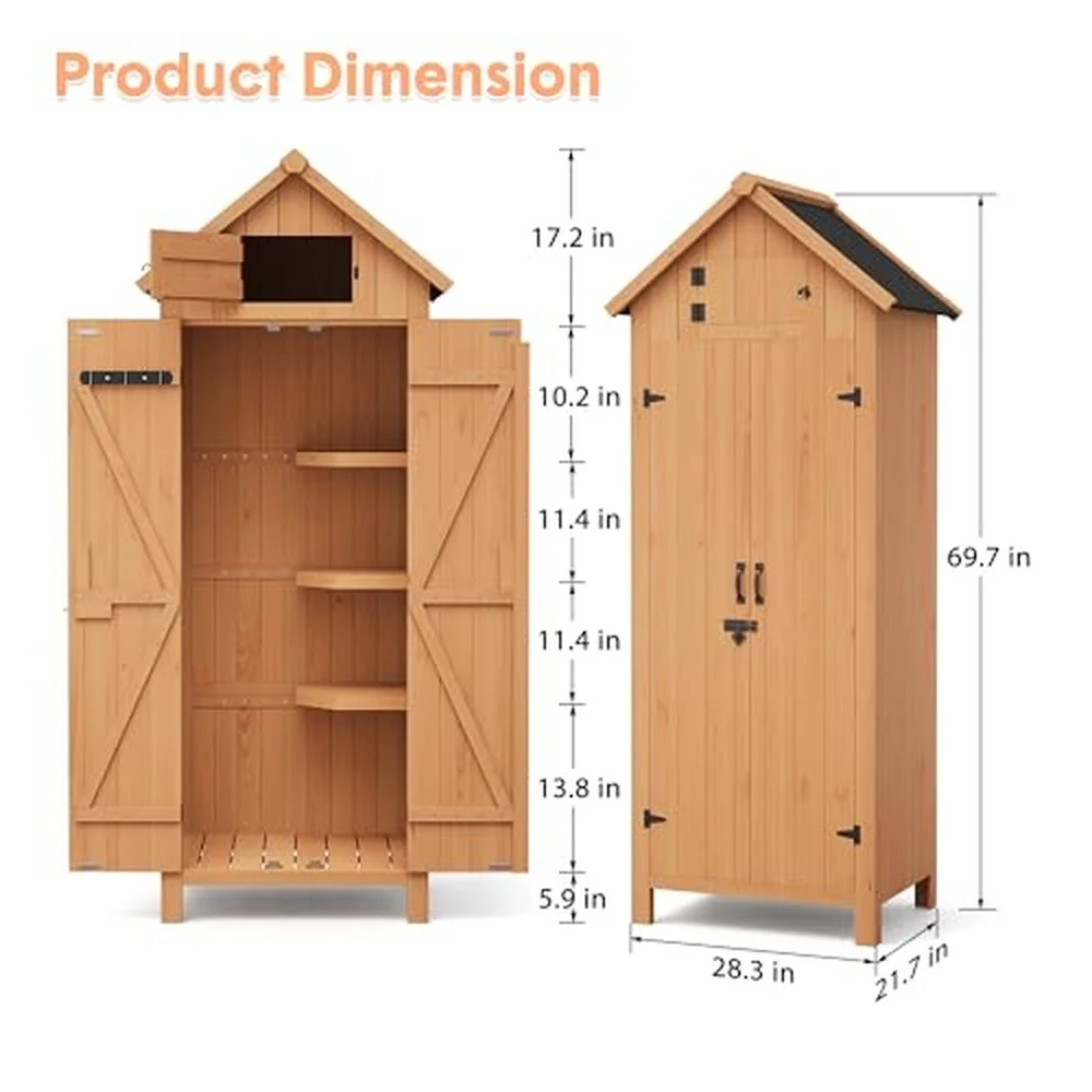 70in Tall Outdoor Storage Shed Waterproof Wooden Garden Tool Shed with 4 Shelves and Lockable Doors Vertical Outdoor