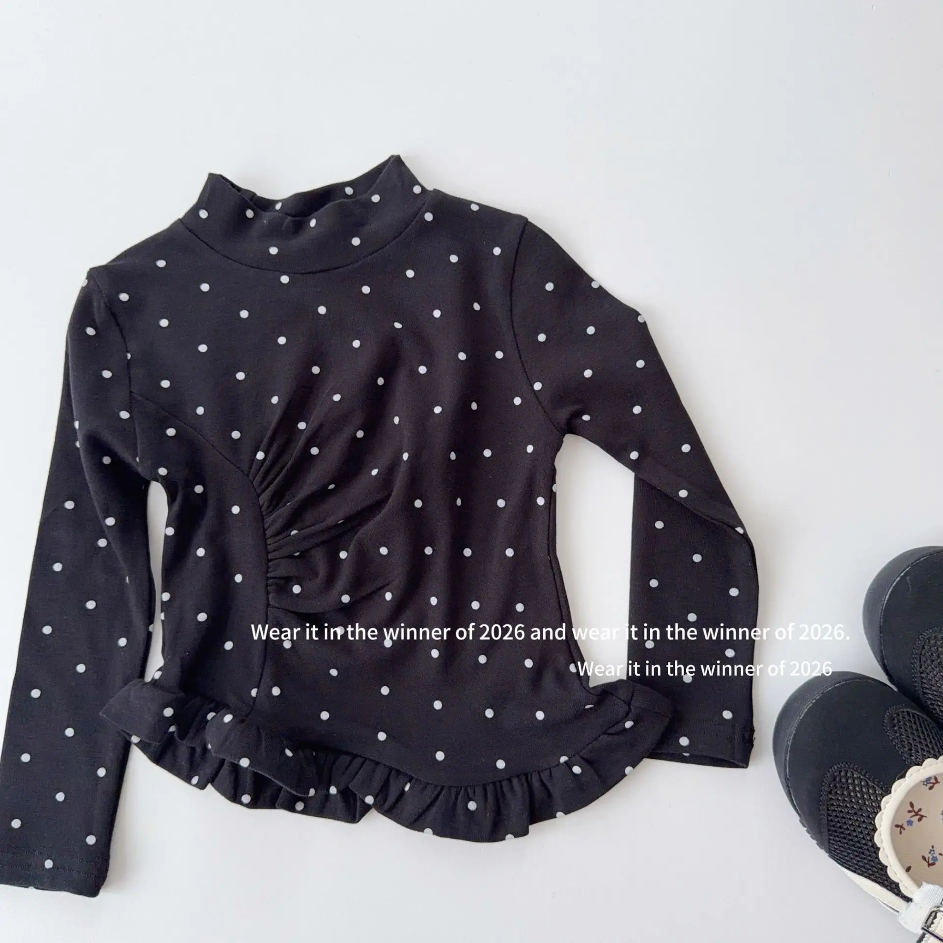 Girls T-shirt 2026 Autumn and Winter New Childrens Clothes Girls Baby Wooden Ear Edge Pinching Waist Wave Dots Floral Undershirt