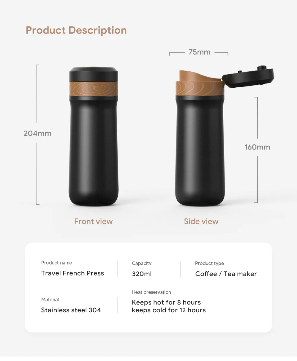 350ml ICafilas Portable Coffee Pot French Press Coffee Tea Maker Stainless Steel Insulated Travel Mug With Coffee Plunger Filter