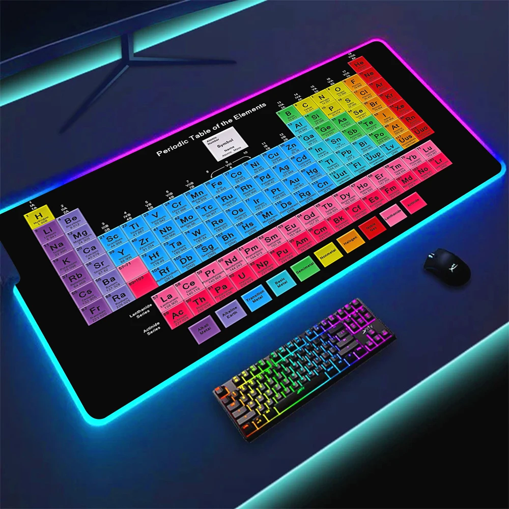 Tabela Periódica dos Elementos RGB Mousepad, Mouse Pad Backlight, Tapete de Mesa, LED, Computador, Teclado, PC, Jogos, Laptop, XXL, Acessórios