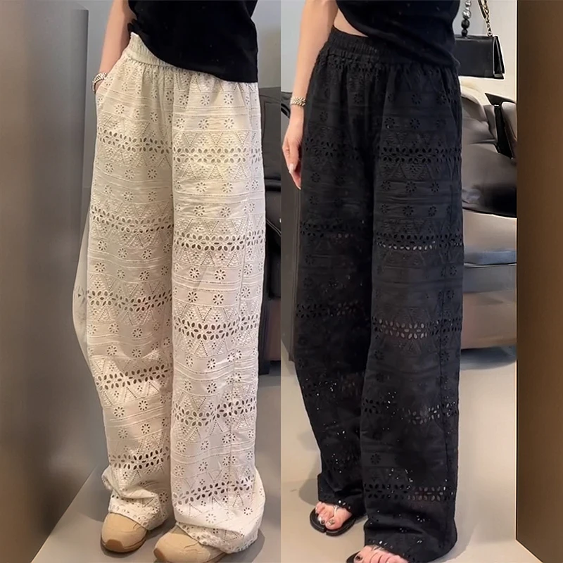 Womens Croche Elastic High Waist Wide Leg Pants Vintage Bloomers Summer Hollow Out Knit Flower Lace Bohemian Beach Long Trousers